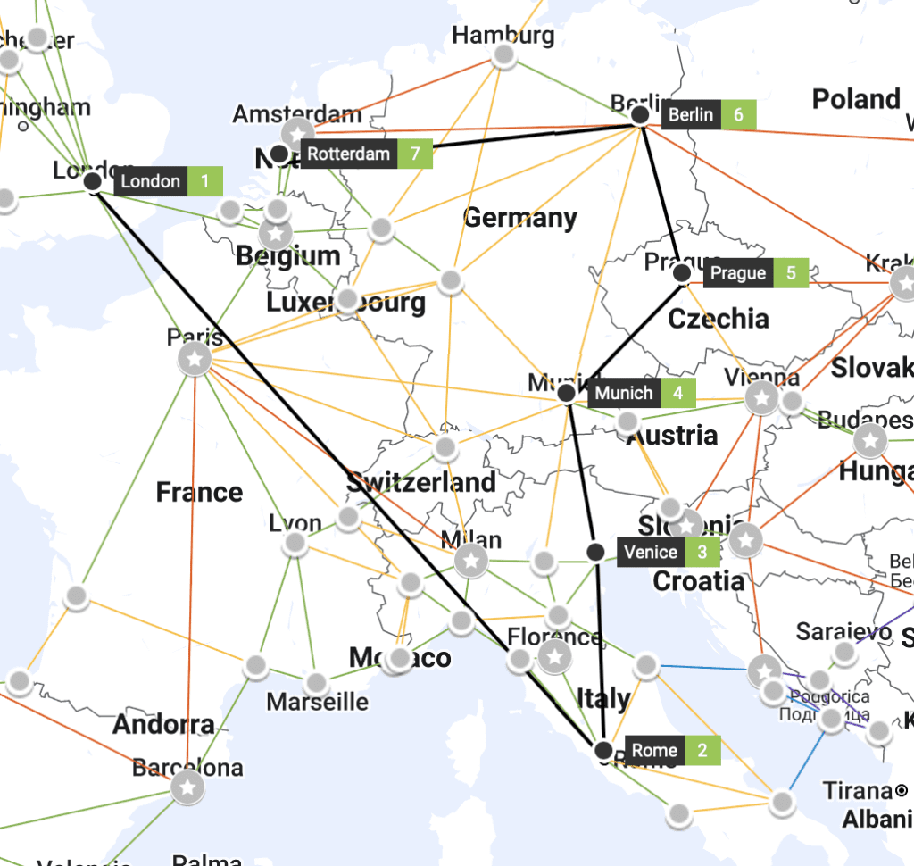 Cómo planificar un viaje Interrail, vista de mapa en Interrail Planner