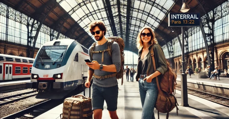 Two Interrail travellers at European train station